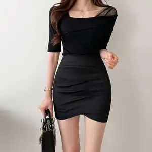 黑色高腰紧身包臀半身裙女 夏百搭显瘦皱褶短裙性感包裙一步裙子