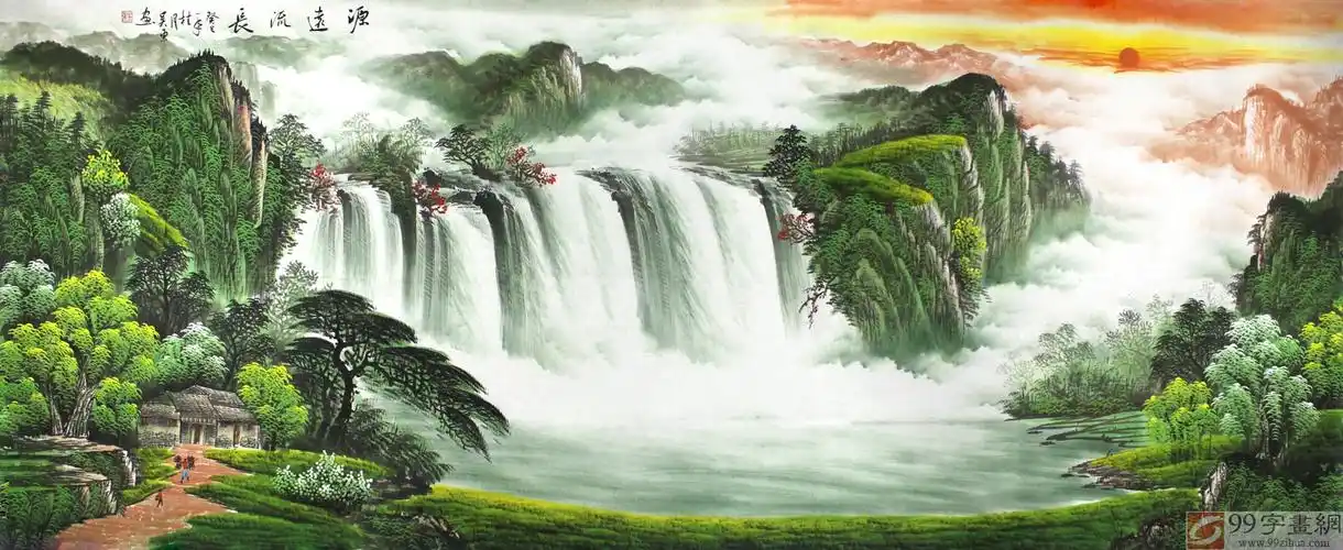 客厅源远流长聚宝盆风水画 - 聚宝盆山水画 - 99字画网