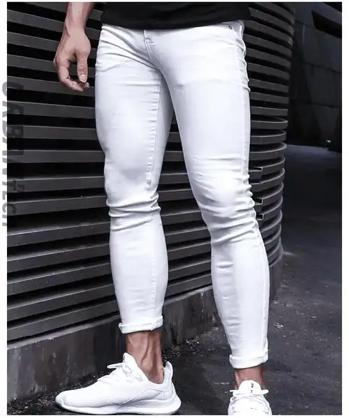 肌肉男牛仔裤紧身弹力健身运动修身潮流训练破洞休闲长裤九分裤子白色