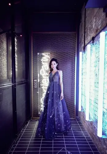 这是张予曦的一肩晚礼服,紫色的几重纱垂地长裙子,非常典雅,不太像
