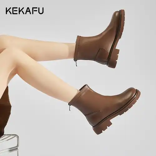 珂卡芙炸街小短靴女秋冬2023新款棕色短筒靴女单靴后拉链马丁靴子