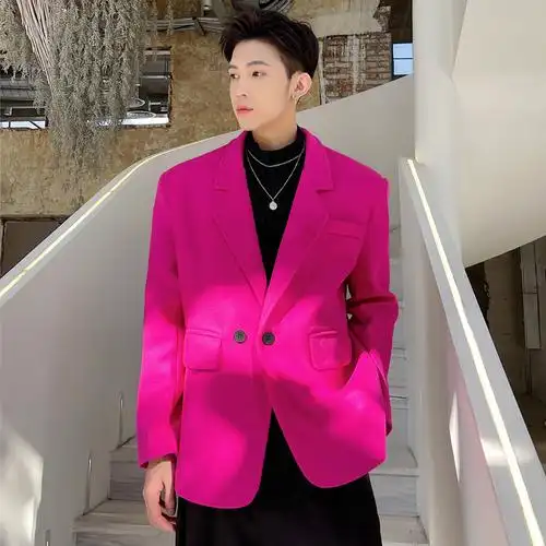 韩国ins走秀款时装款粉红色西服外套男士发型师网红宽松毛呢西装