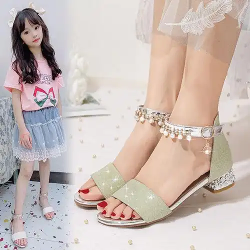 女童凉鞋2022新款夏季时尚水晶公主鞋小学生女孩中大童儿童高跟鞋