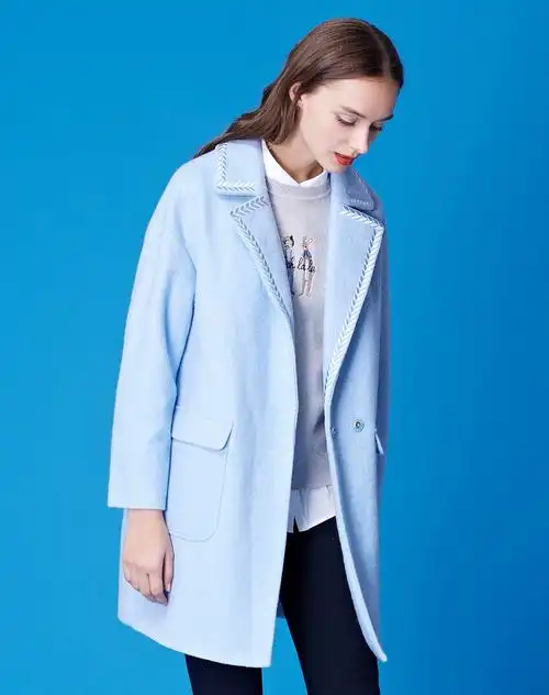 浅灰蓝色纯色廓形呢大衣外套