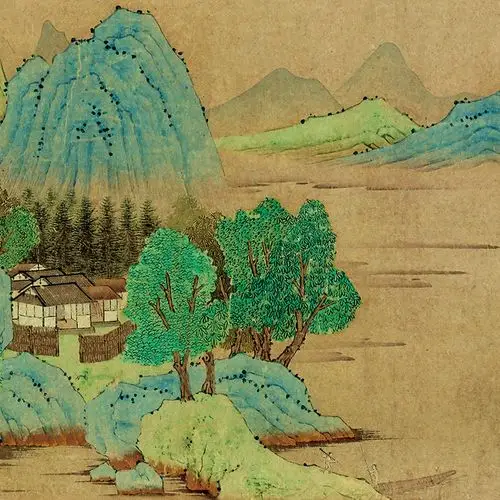 国画元代钱选山居图青绿山水画原作真迹微喷复制国画