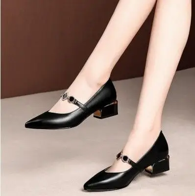 大东女士时尚皮鞋2019秋季新款浅口尖头粗跟中跟英伦风百搭单鞋女