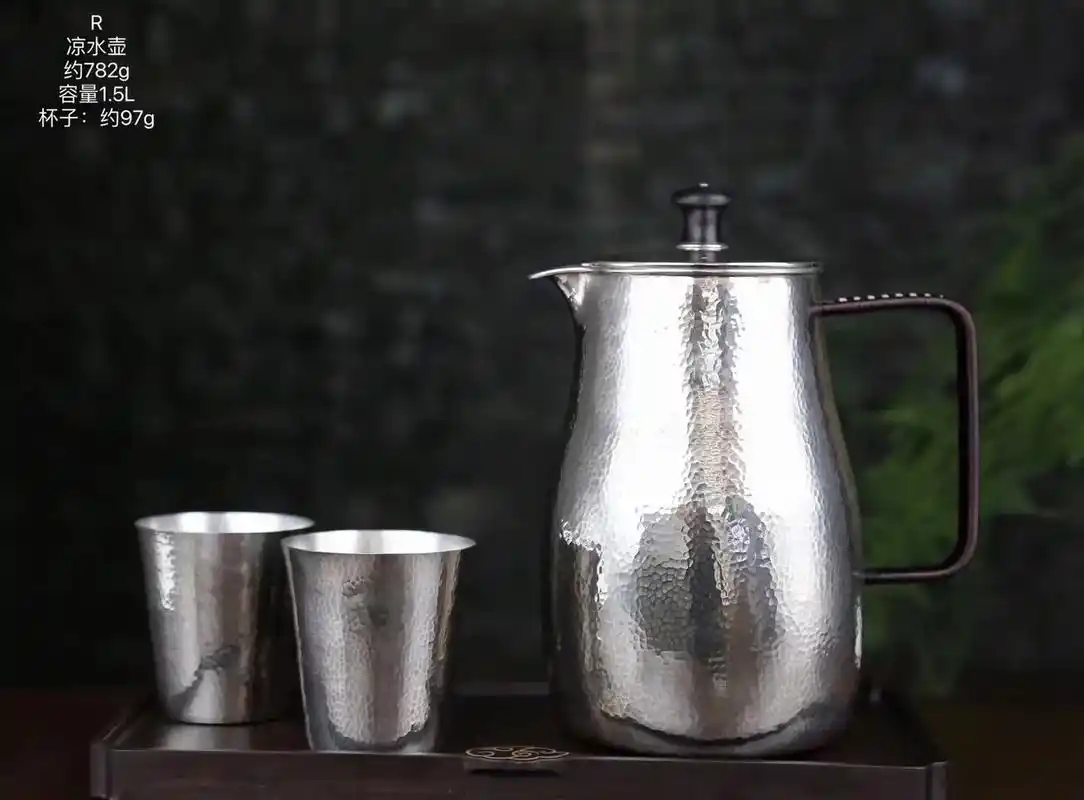 手工锻打锤纹雪花银凉水壶,容量约1.5l, - 抖音