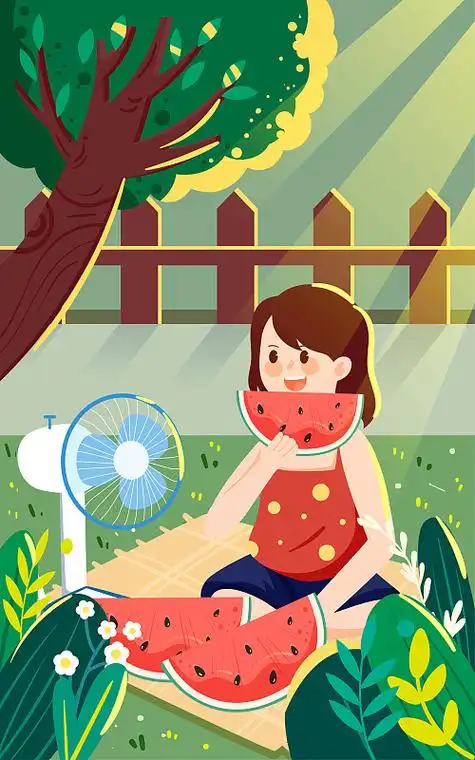 夏天人物公园乘凉插画女孩坐草地吃西瓜海报图片下载