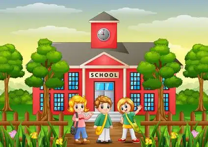 快乐的学校孩子们站在学校大楼前照片