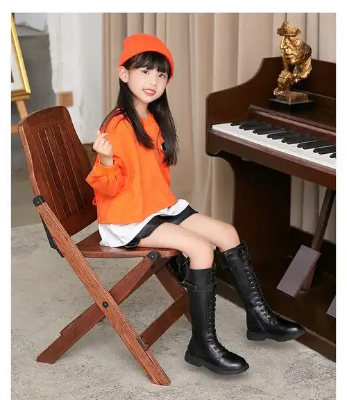 儿童高筒靴小女孩长靴公主中大童皮鞋白色显高棉靴女童马丁靴米白色单