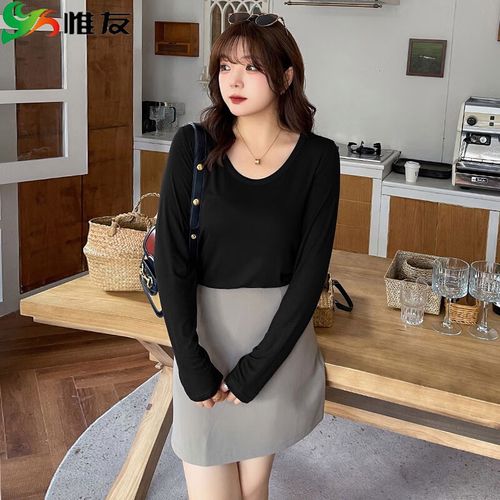 惟友大码打底衫女胖mm胖妹妹春装大码女装纯色显瘦内搭衫 黑色圆领 p1