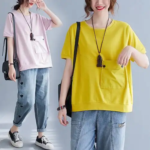 韩版大口袋拼接短袖t恤宽松休闲显瘦大码女装上衣