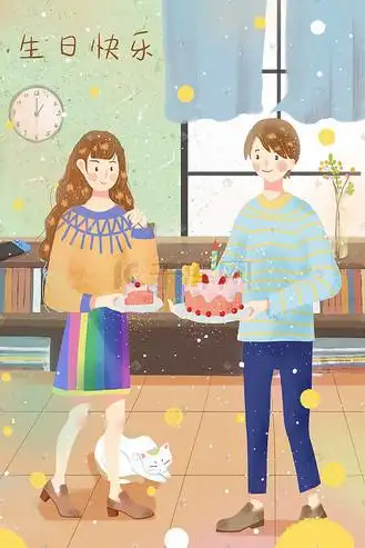 情侣过生日送礼物生日蛋糕蜡烛庆祝生日插画