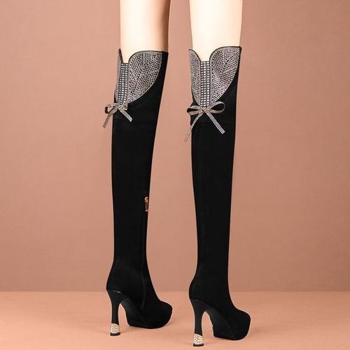 蝴蝶结过膝长筒靴秋季性感弹力靴一脚蹬高跟鞋细跟显瘦尖头长筒靴