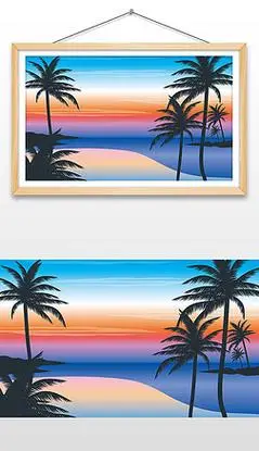 手绘唯美海边沙滩插画海边日出插画背景墙