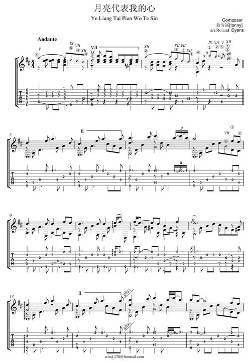 月亮代表我的心指弹谱 罗兰迪恩斯版 吉他独奏