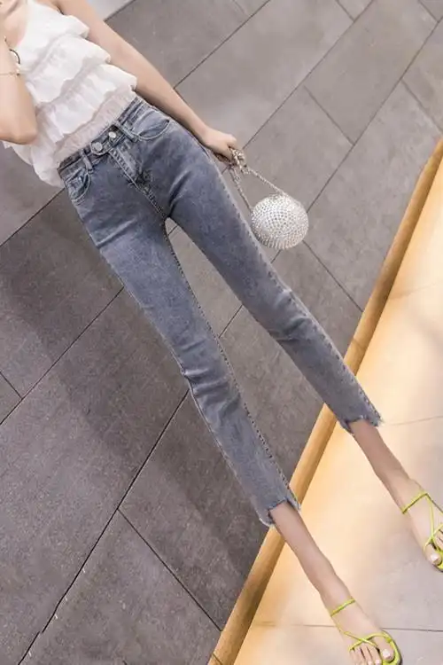 复古薄款弹力牛仔裤女九分裤八分裤不规则脚边修身显瘦牛仔裤女裤