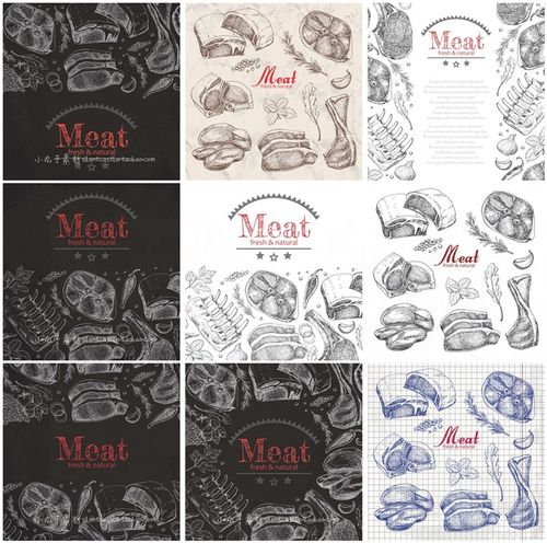a0018矢量ai设计素材 手绘肉类食物牛排骨头线稿插画背景菜单元素