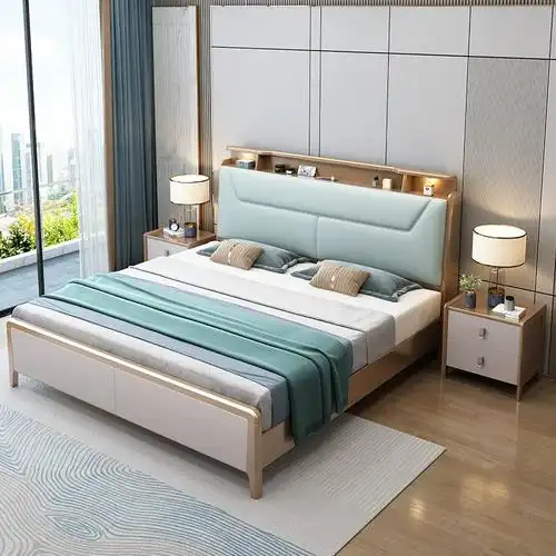 洛西亚新款轻奢软包实木床床头可储物18米双人夜灯床婚床高箱床