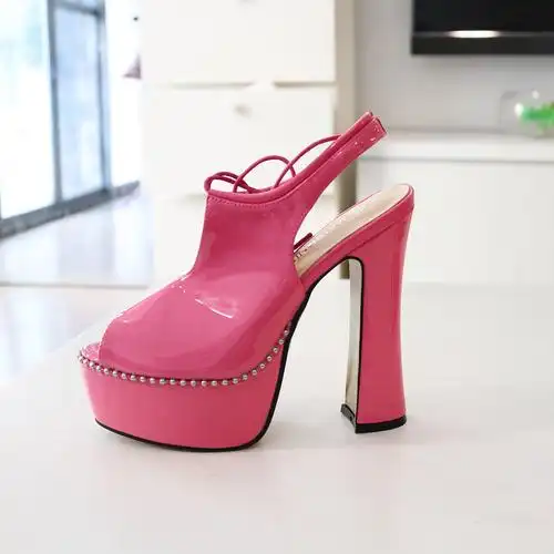 粉红色漆皮粗跟超高高跟鱼嘴单鞋系带欧美大码男单鞋