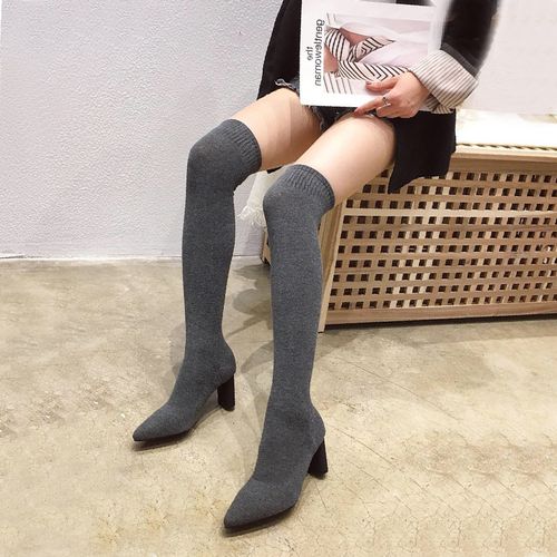 丝袜靴尖头瘦瘦靴女长筒针织毛线弹力过膝袜子靴粗跟高跟鞋长靴子