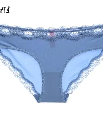 女士内裤女冰丝透气蕾丝边中腰性感诱惑学生三角裤衩裤头 靛蓝色 s