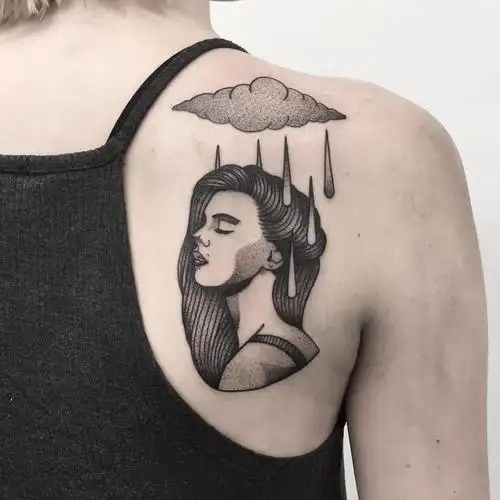 后背肩胛黑灰美女纹身图案