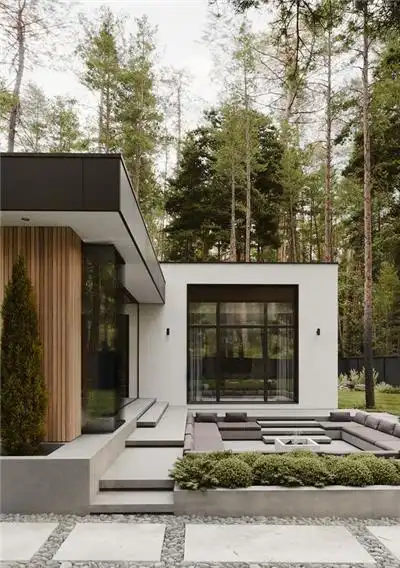 现代庭院设计)#(小型庭院设计)#(院子休闲平台)#(白色住宅)#(别墅景观