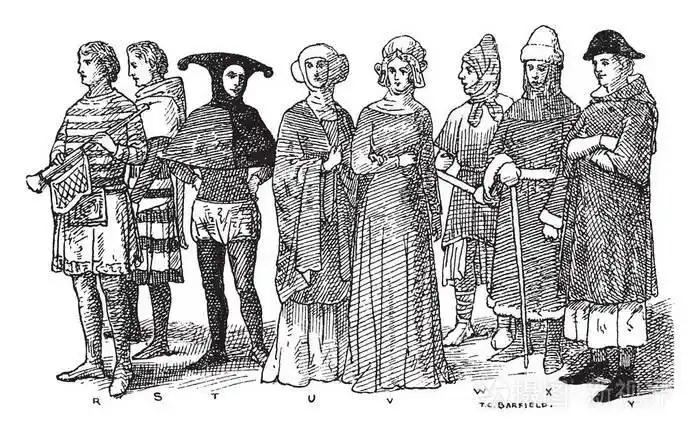 这个插图代表英格兰第十四世纪中世纪时尚, 复古线条画或雕刻插图插画