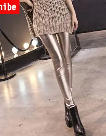 menibe 新款百搭显瘦涂层皮裤加绒外穿打底裤女小脚裤 金色 m