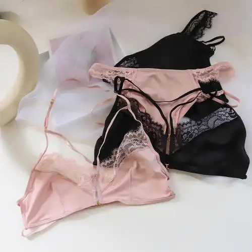 性感超薄蕾丝丝边诱惑前扣挂脖美背钢圈女士内衣文胸套装