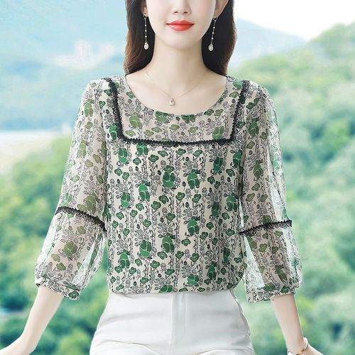 碎花衬衫女早秋雪纺遮肚子雪纺衫新款印花圆领宽松真丝雪纺衫减龄