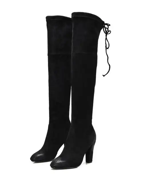 弹力布黑色尖头粗跟流苏长筒靴