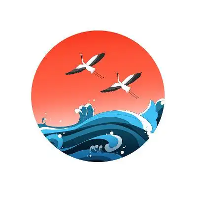 国潮仙鹤大海圆形古风国风卡通png素材