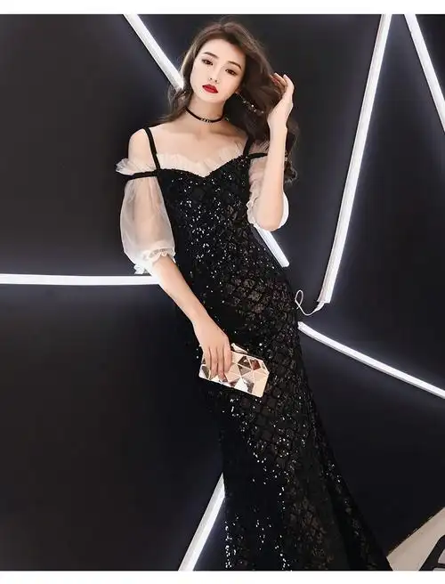 黑色宴会晚礼服女2019新款一字肩高端长款高贵聚会主持人鱼尾