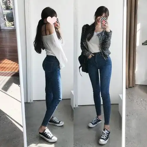 特价运动鞋女瘦紧_韩国代购正品配运动鞋的牛仔裤女紧身长裤秋季修身