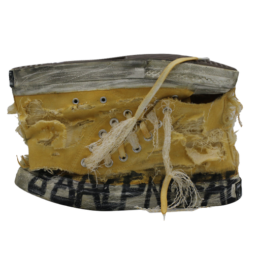 男女个性欧美街头风黄色破损潮鞋板鞋原创手工打磨破洞高帮帆布鞋