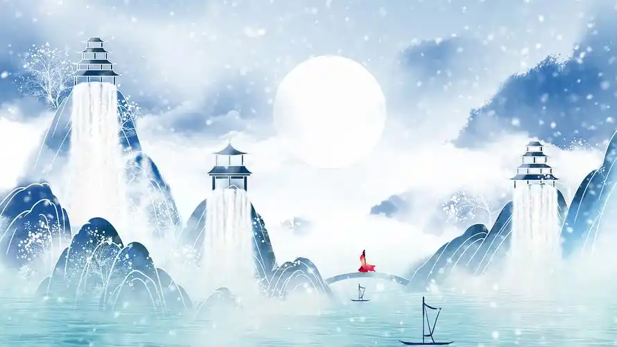 4k唯美中国风梦幻游戏冬季仙境视频背景ae模板古风瀑布背景