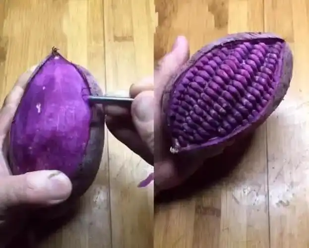 然后是用紫薯雕的,紫色的玉米,看上去就很好看啊~但是煮或是蒸玉米粒