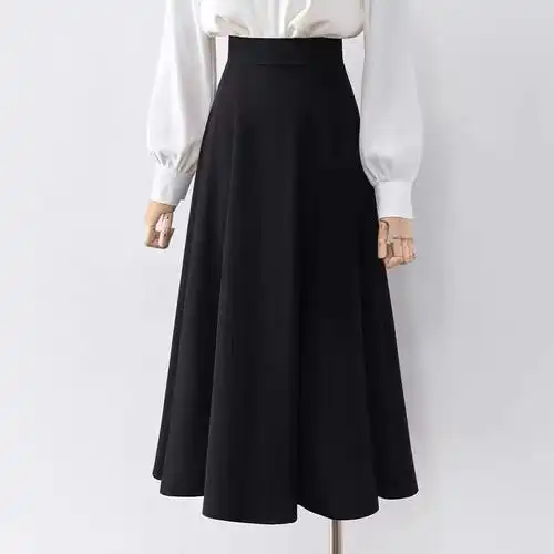 职业简约黑色毛呢西装裙女高腰显瘦垂感通勤中长款半身裙大摆裙