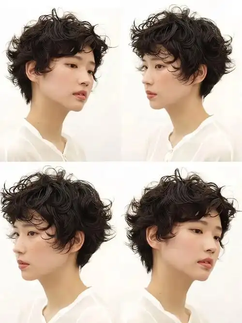 女生超短发烫发用s形纹理卷制造整体凌乱蓬松感,烫完自然就可以成型无