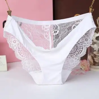 女士内裤性感诱惑全透明蕾丝丁字裤冰丝一片式无痕女式三角裤 白色 m