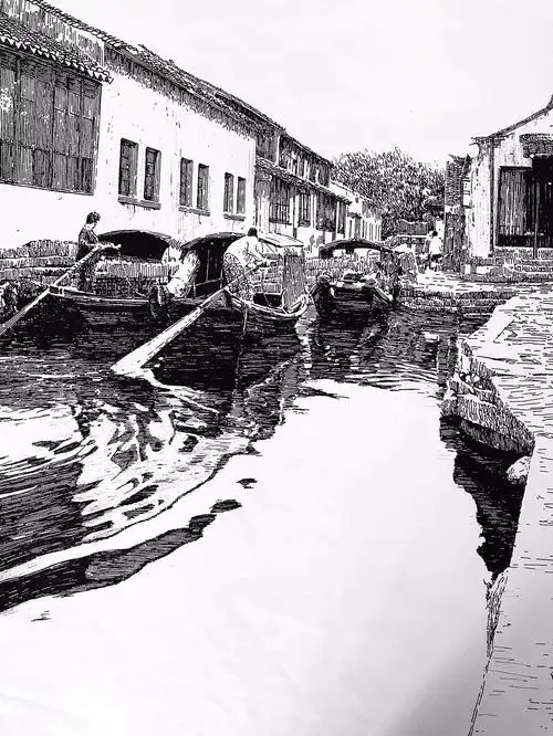 马国斌钢笔画江南水乡古镇风光