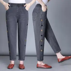 宽松显瘦休闲弹力高腰大码女秋季中年妈妈萝卜裤松紧腰哈伦牛仔裤