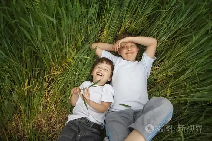 两个快乐的小男孩躺在草丛中
