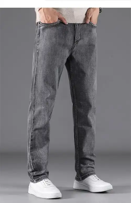 新品烟灰色牛仔裤男士直筒直简阔腿大裤脚秋冬款高端加绒长裤厚款吉诺