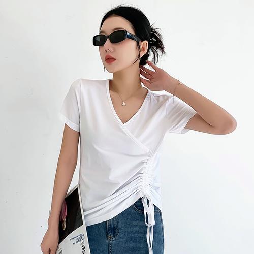 2024夏下摆抽绳新款纯棉不规则短袖薄款t恤纯色v领交叉体恤上衣女