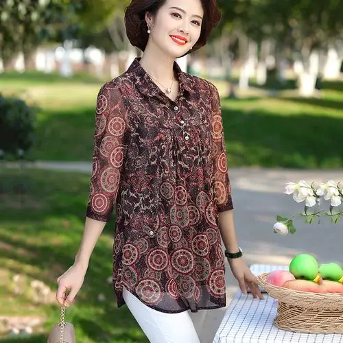 中老年夏天雪纺衬衫四五十岁妈妈洋气夏装t恤上衣中年女长袖40-50