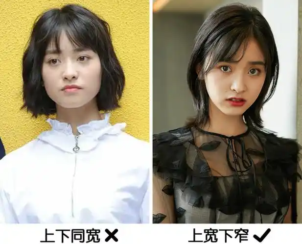 也都遵行了上宽下窄的原理,拉宽头顶收缩发尾,脸型和头型都完美照顾到