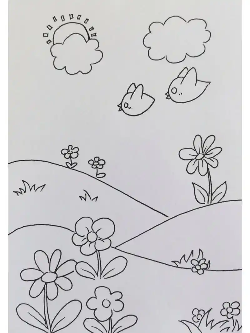 第9天 幼儿园小朋友春天主题画 简笔画 材料或工具:勾线笔,马克笔